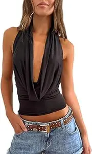 [NUFIWI] Y2k Halter Top for Women Sleeveless Cowl Neck Going Out Tank Tops Tie Up Backless Summer Crop Top