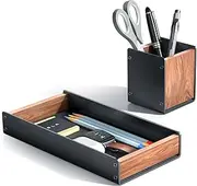 Walnut Wood Desk Tray with Pen Holder Set, Natural Wooden & Aluminium Desk Office Draw Organizer Tray for Keys, Pen, Watch
