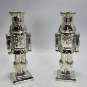Silver Nutcracker Soldier Candle Holder Set of 2 Holiday Christmas Decor Elegant