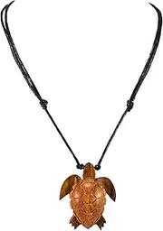 [BlueRica] Hand Carved Wood Sea Turtle Pendant on Adjustable Black Rope Cord Necklace, Wood natural-fiber