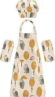 AIXIWAWA Kids Apron Chef Hat Set, Child Kitchen Bib Aprons Adjustable for Cooking Baking Painting (Cute Autumn Owls)