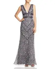 $355 Aidan Mattox Gunmetal Embellished Plunging Gown 4 yoc0324