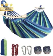 Double Hammock Cotton Canvas 450lbs Portable Camping Hammock with Bag Blue