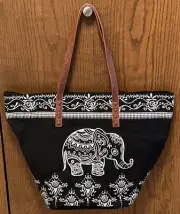 NWT Under One Sky Black Cloth W/White Embroidered Elephant Handbag Purse Tote