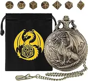 Mini DND Dice Set with Steampunk Dragon Pocket Watch Shell Case, 7pcs Polyhedral Metal DND Dice Set, DND Starter Set, D&D Gifts with Dragon logo Gift Bag, Role Playing Board Games Accessories, Bronze