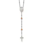 Sterling Silver Rh-Plated Beaded W/Rose-Tone Roses Rosary 21In Necklace