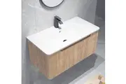ACA Wall Hung Bathroom Vanity Unit Cabinet Storage Natural wood 91x46CM with Gloss White Ceramic Basin Sink bowl Counter Top