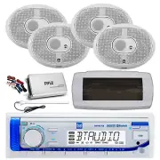 Dual Bluetooth Marine Radio,Cover, Antenna,Amp w/Kit, 4x 6x9" 200W White Speaker