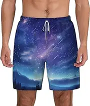 [Sipumia] Mens Starry-Sky Printed Swimming Trunks with Compression Liner 2 in 1 Quick-Dry Beach Swim Shorts with Pockets