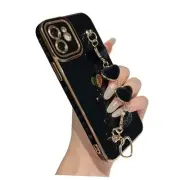 Caseative for iPhone 12 Case,Cute Plating Love Heart Wrist Strap Chain Black