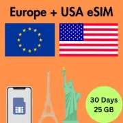 Europe + USA Prepaid Travel eSIM Card 25GB Data 5G/4G Lte 30 Days