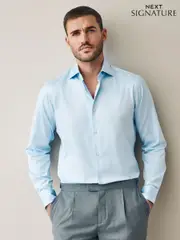 Mid Blue Slim Fit 100% Pima Cotton Sateen Finish Long Sleeve Signature Shirt (E28126) | $100