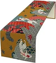 ShiTingYu Japanese Koi Table Runner, Luxury Asian Style Oriental Line Art Abstract Geometry Cherry Blossoms Wave Traditional Elements Table Runner for Kitchen Home Party Dinner Set, 13x90 Inch