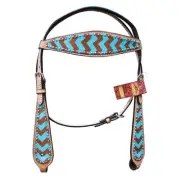 HILASON Western Horse Leather Headstall Set Turquoise & Brown Zigzag