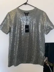 New with Tags DKNY sparkling Sequins Crewneck Top T-Shirt Gold Bronze Medium