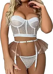 [Generic] Women Sexy Strappy Mesh Lingerie Lace Bra and Panty Set Underwire Teddy Babydoll Bodysuit with Garter Belts