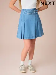 Mid Blue Denim 100% Cotton Denim Belted Kilt Skirt (AT5412) | $60