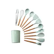 1Wood Handle Silica Gel Kitchenware Non Stick Pot Spoon Shovel Set Cooking Utensils