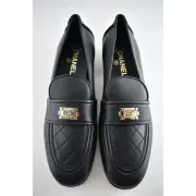 Chanel 20B Black Quilted Boy Lego Metal CC Logo Gold Mule Slip Flat Loafer 41.5