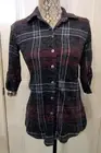 Pure Amici Blouse Plaid Button Front Womens Knit Top Roll Tab Sleeves NWT XS