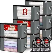 [okam] 85L Clothes Storage Bag with Clear Window (8 Bags + 2 Shoe Bags) - Large, Moisture-Proof, Breathable, Foldable, Dustproof Organiser for Quilts, Blankets, Bed Sheets, Pillows, Clothes, Linen, Sweaters.
