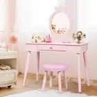 Kids Vanity Dressing Table Stool Set Children Princess Makeup Mirror Drawer