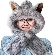 [Naqqios] Hat and Scarf, Scarf Hat - Cute Soft Hats with Fox Ears, Ski Snow Hat, Breathable Neck Warmer, Bicycle Scarf Hat Set for Women, Men, Children