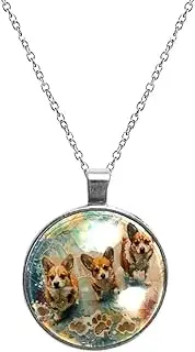 [Diusye] Necklaces for Women, Three Corgis Playing Together Print Stainless Steel Pendant Necklace Jewelry Birthday Anniversary Wife Girls Friends Gift