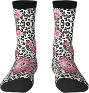 [JEJEA] Cute Pink Rose Mix Leopard print Socks For Men and Women Men's Moisture Control Crew Socks Gifts For Golf, Hunting, Camping