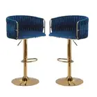 SERENITà 2x Height Adjustable Blue Swivel Bar Stool Velvet Golden Round Base Bar