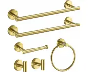 6-Pieces Matte Gold Bathroom Hardware Set, Stainless Steel Bath Towel Bar Set Wall Mounted, Two 16 I h Towel Bar, Toilet Paper Holder, Towel Ring, 2 Towe