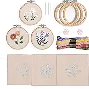 CRAFT CLUB Floral Minis Embroidery Kit Set of 3 Mini Designs DIY Arts and Crafts Cross Stitch Punch Needle Set with Bamboo Hoop and Full Thread Packs