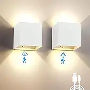 SURPALIG Battery Operated Wall Sconce Set of 2, Motion Sensor Light Indoor, 6000mAh Wall Lights Rechargeable, Magnetic Cordless LED Energy Saving Night Lights for Hallway Stairway Porch, White
