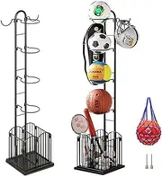 Sports Equipment Organizer,5 Tiers Basketball Ball Storage Rack with 1 Ball Net Bag and 2 Inflation Needles,Ball Stand Home Garage Storage with 2 Hooks&Baskets for Home Gym Equipment,150 * 30 * 25cm