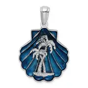 Sterling Silver De-Ani Rhodium-Plated Enameled Blue Shell With Palm Trees Pendant