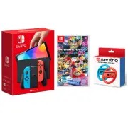 Nintendo Switch OLED Neon Red/Blue Edition + Mario Kart 8 Deluxe + Racing Wheel