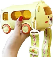 Water Cup in Bus Shape for Kids, Portable Water Cup in Bus Shape with Strap, Break Resistant 360° Leak-Proof Bounce Flip Top Straw Water Bottle for Boys Girls Camping Trips (Yellow)