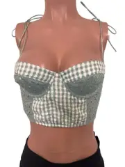 Urban Outfitters M Sage Gingham Smocked Crop Bustier Top U/W NWT Tie Straps