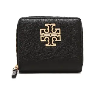 【TORY BURCH】Britten荔枝皮革金屬LOGO對折拉鍊短夾(黑色)