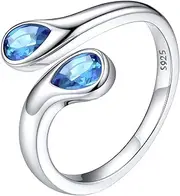 [Silvora] 925 Sterling Silver Adjustable Ring Wrap Birthstones Open Rings for Women Ring with 2 Pear Shaped Gemstone, Birthstone Ring for Mother