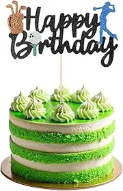 KALIONE Golf Cake Topper, 16x9cm/6.3x3.54 inches, Black, 1 Count, Birthday, Sport Theme Decorations with Golf Ball Player Glitter Party Supplies for Cupcake