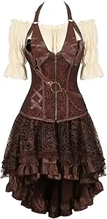 [Hengzhifeng] Steampunk Corset Carnival Costumes Womens Faux Leather Bustiers with Skirt and Pirate Blouse Set