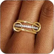 [TLY] Stackable Rings for Women Non Tarnish 18K Gold Plated Interlocking Ring Stack Set Gold Silver Mixed Metal Statement Rings Dainty Cubic Zirconia CZ Fashion Connected Band Thumb Ring Size 4-11
