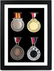 Medal Display Case - 4 Medal Shadow Box Frame - Perfect for Runners, Marathon, Race Winner, Soccer, Football, Gymnastics & All Sports (Black, A4)