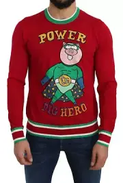 Dolce&Gabbana Men Red Pullover Wool Blend Super Pig Embroidery Thermal Sweater