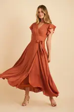 Women's Special Occasion Wynter Maxi Dress Cap Sleeve in Orange Rust Chiffon 8