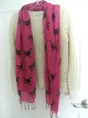 NWT TROO 60" Fuchsia Pink Black Gauze SCARF Knotted Fringe SKULL CROSSBONES