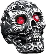 [Ymall] Gothic Skull Ring with Red Stone Eyes, Silver-Toned Metal, Punk Style