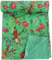 Queen Green Bird Print Boho Summer Kantha Quilt Cotton Home Dorm D?cor Blanket