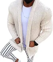 [SWJGLITTR] Men's Mid-Long Sweater Cardigan Shawl Collar Open Front Cardigans Long Sleeve Sweater Pockets for Men, Beige, Large